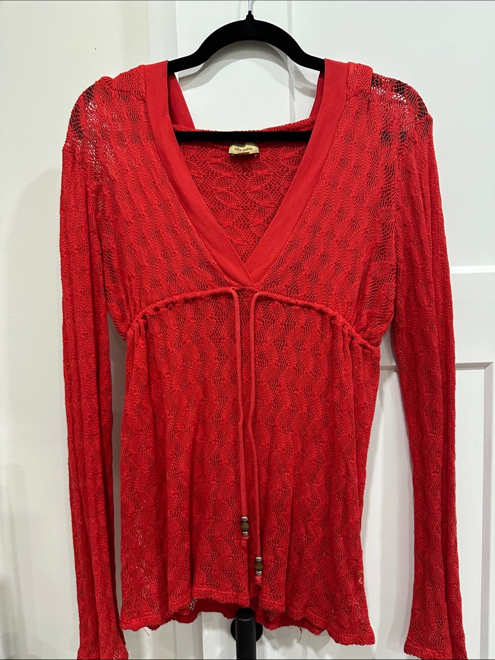 Ella Moss Red V-Neck Hooded Knit Tunic with Center Tie